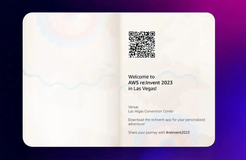 AWS 'Passport to re:Invent' direct mail kit, a travel-themed passport with a QR code welcoming founders to AWS re:Invent 2023 in Las Vegas