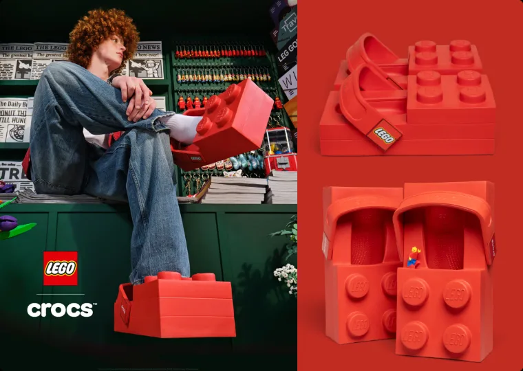 Crocs × LEGO Brick Clog campaign: red brick-shaped clogs with LEGO studs, lifestyle shot and product detail with a minifigure for scale