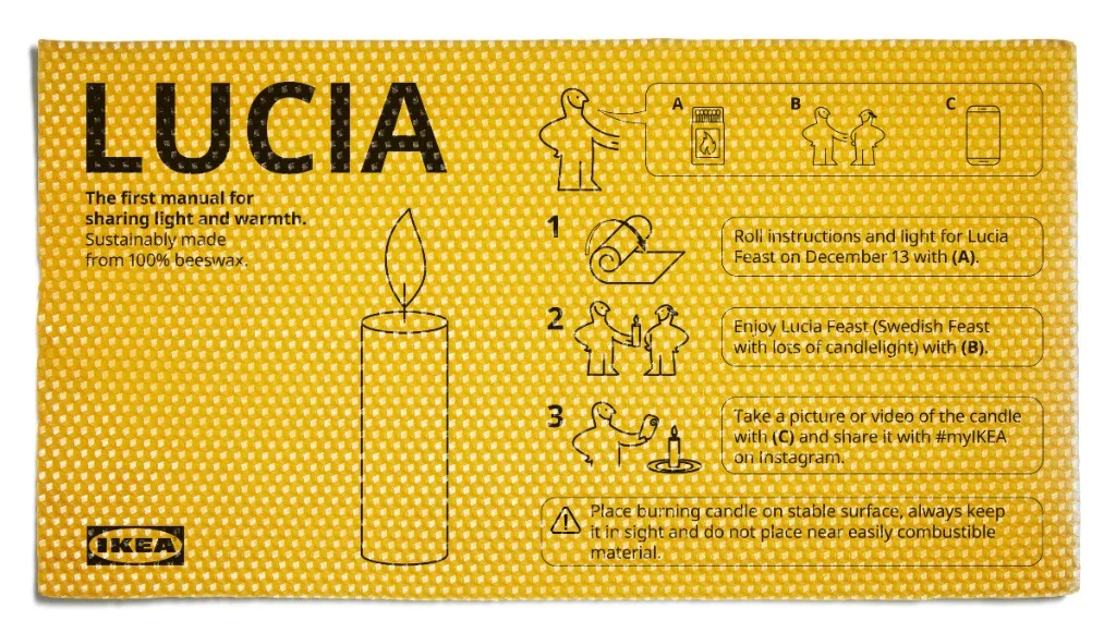 IKEA Switzerland 'The Candual' direct mail: a beeswax 'Lucia' manual printed like IKEA assembly instructions that rolls into a candle