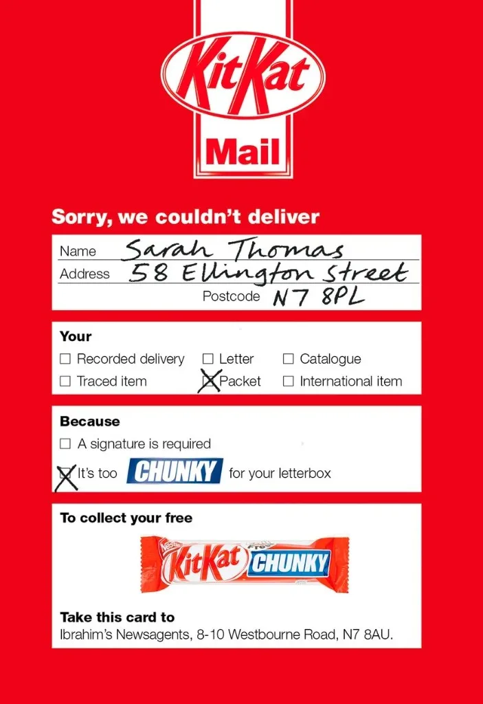 KitKat Chunky 'Chunky Mail' card mimicking a Royal Mail missed-delivery notice, with a voucher for a free bar