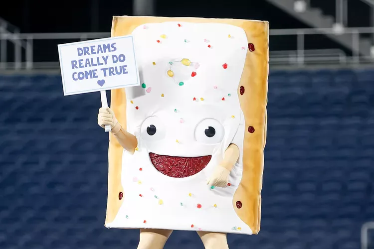 Pop-Tarts Bowl mascot holding a sign that reads Dreams Really Do Come True at the stadium