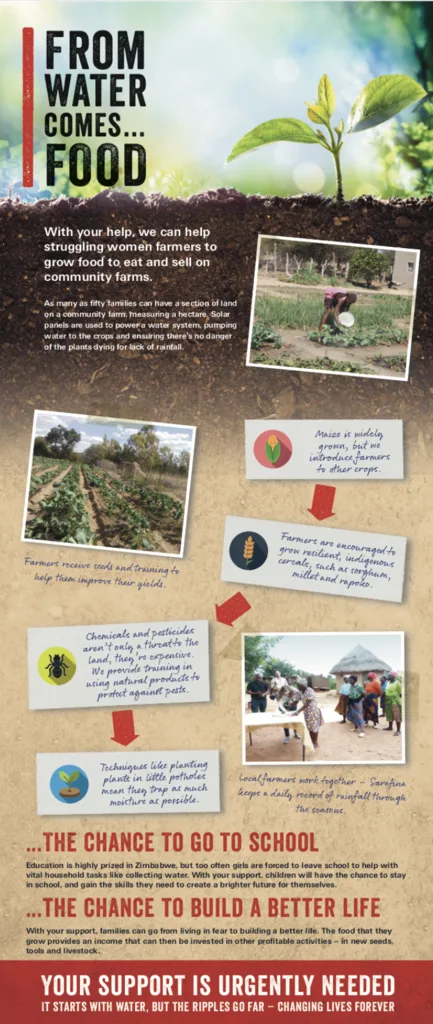 Trócaire 'Give Water, Give Life' fundraising leaflet, unfolding from dry soil to a sprouting crop with the headline 'From water comes food'