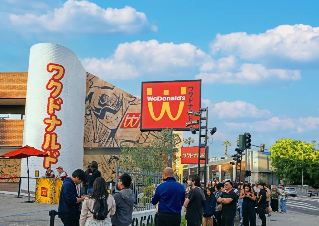 Fans queuing outside the WcDonald's pop-up in Los Angeles, with the inverted-arches logo and Japanese signage