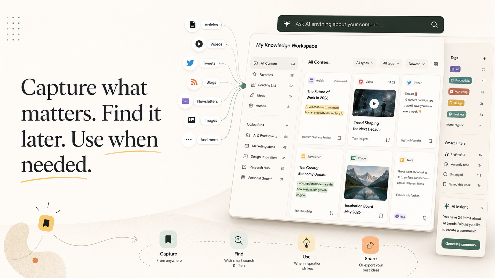 Best content curation tools in 2026: capture from anywhere, find with search and filters, use when needed, and share or export