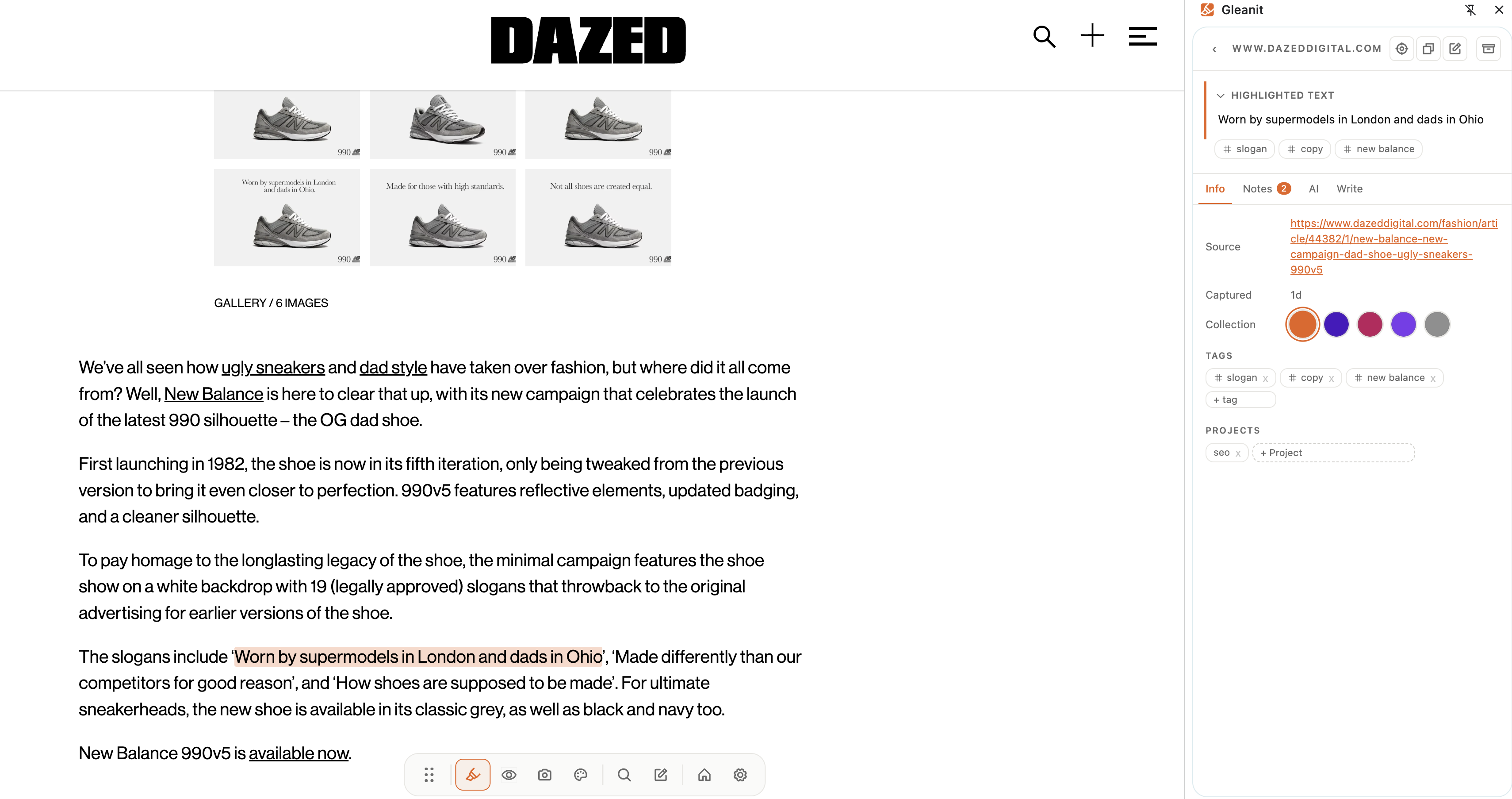Gleanit capture on a Dazed article: highlighted quote “Worn by supermodels in London and dads in Ohio” with tags and notes in the side panel