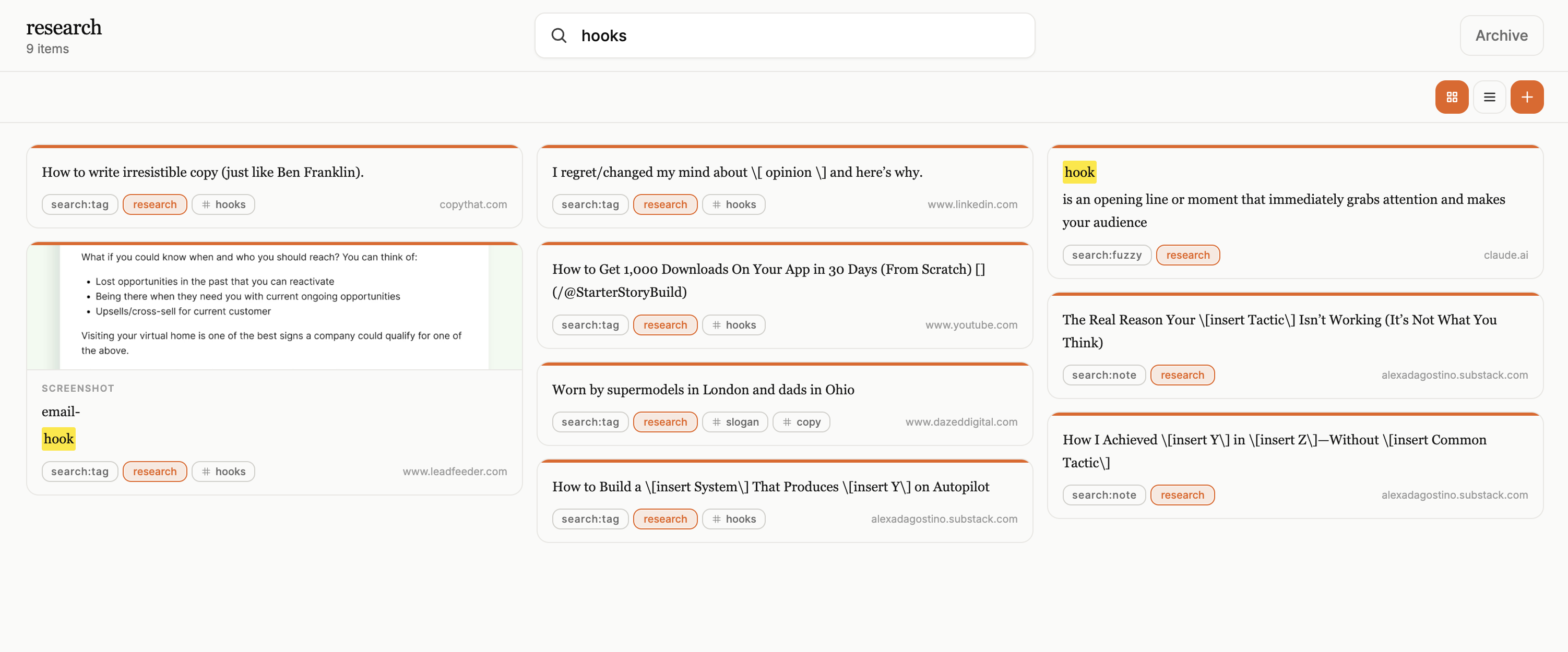Gleanit library search for “hooks” showing tagged captures, notes, and screenshots in a searchable grid