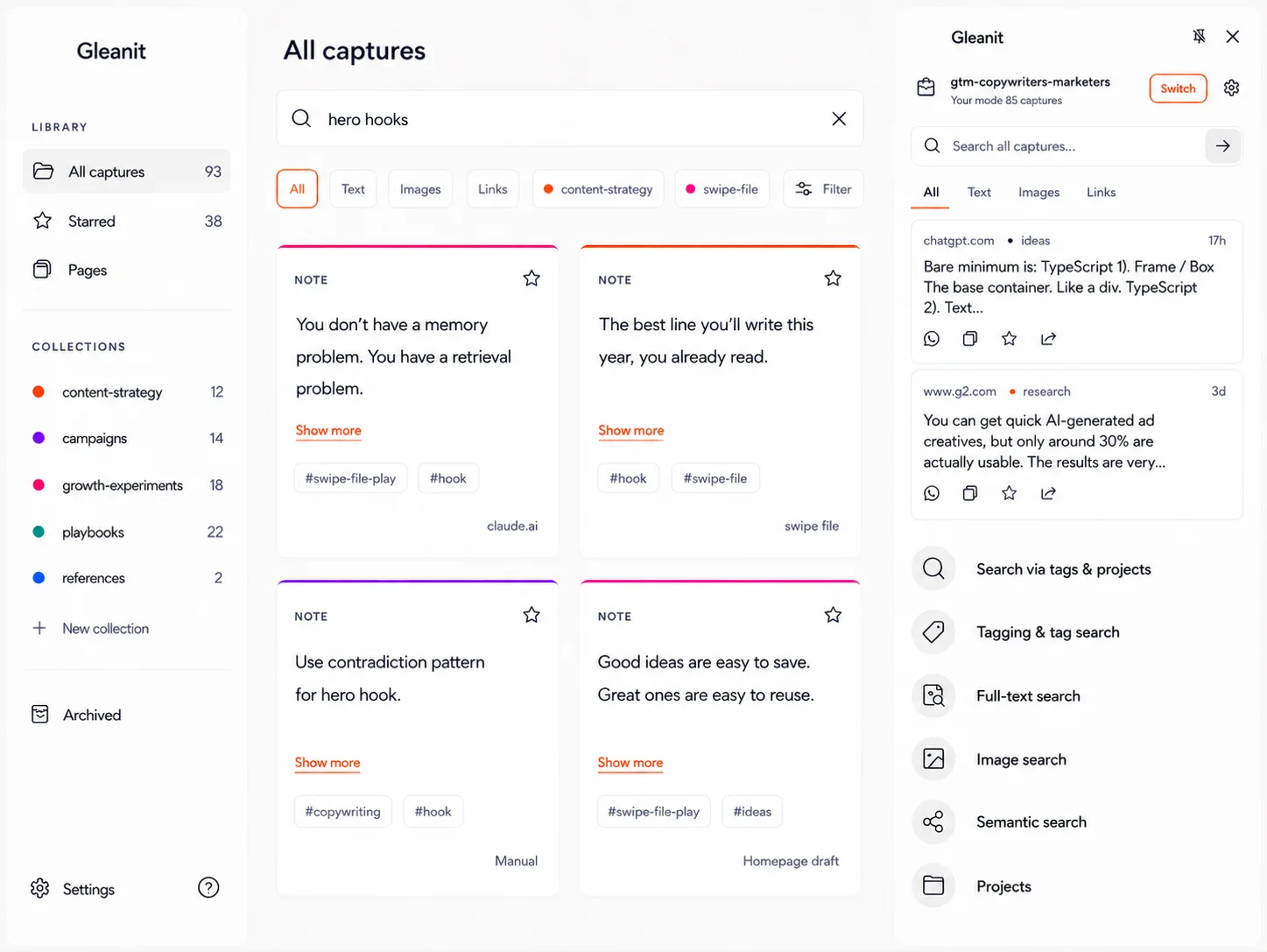 Search your library for hooks, tags, and saved research
