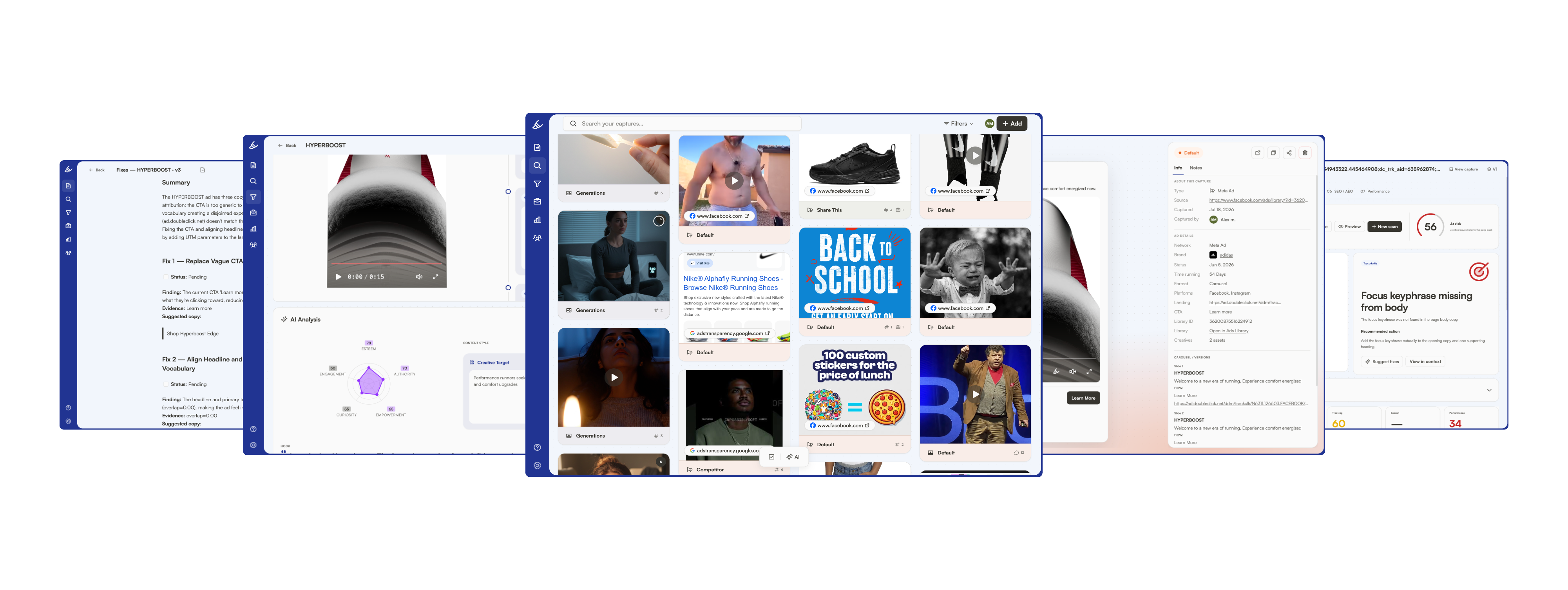 Gleanit workspace showing captured ads, landing pages, and client research in one view